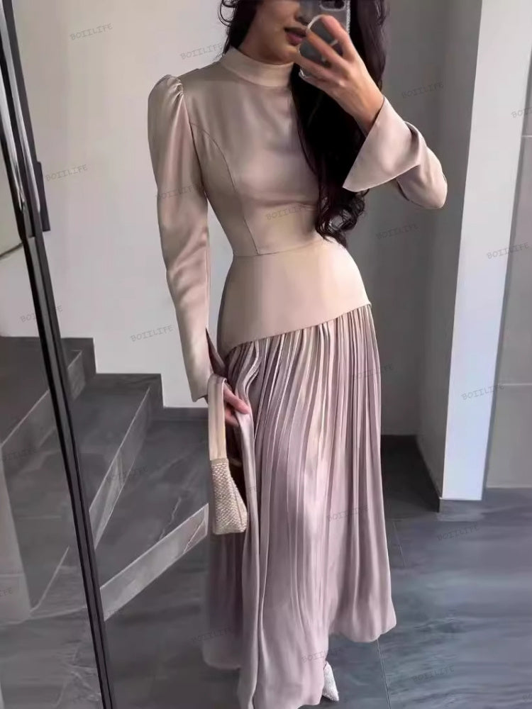 Color-Block-Splicing Slim-Fit Maxi-Kleid mit Schnürung und langen Ärmeln