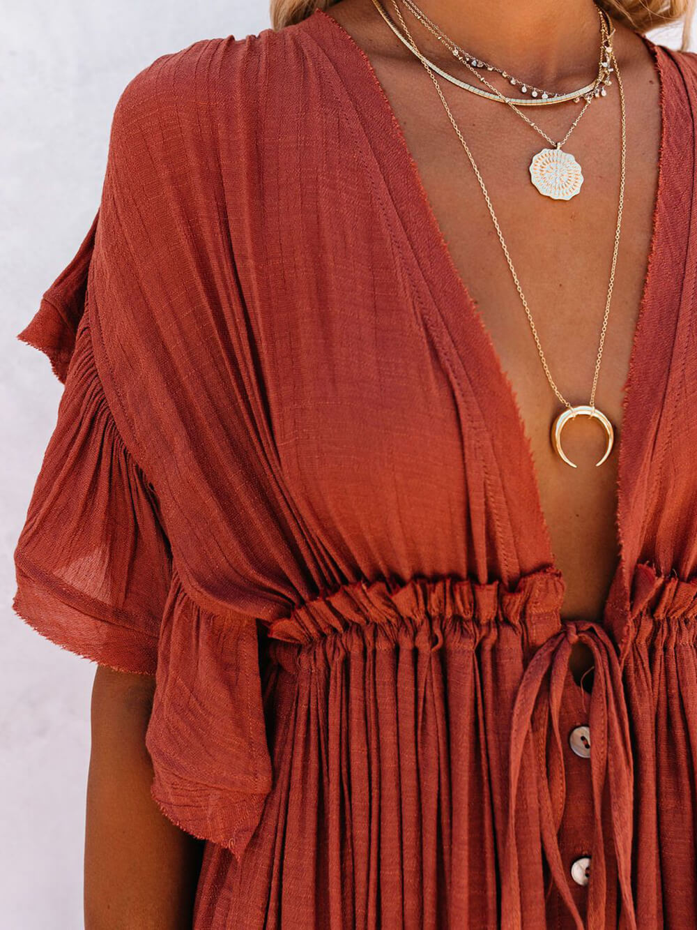 Knopf Baumwoll Leinen Perfektes Strand Boho Maxikleid