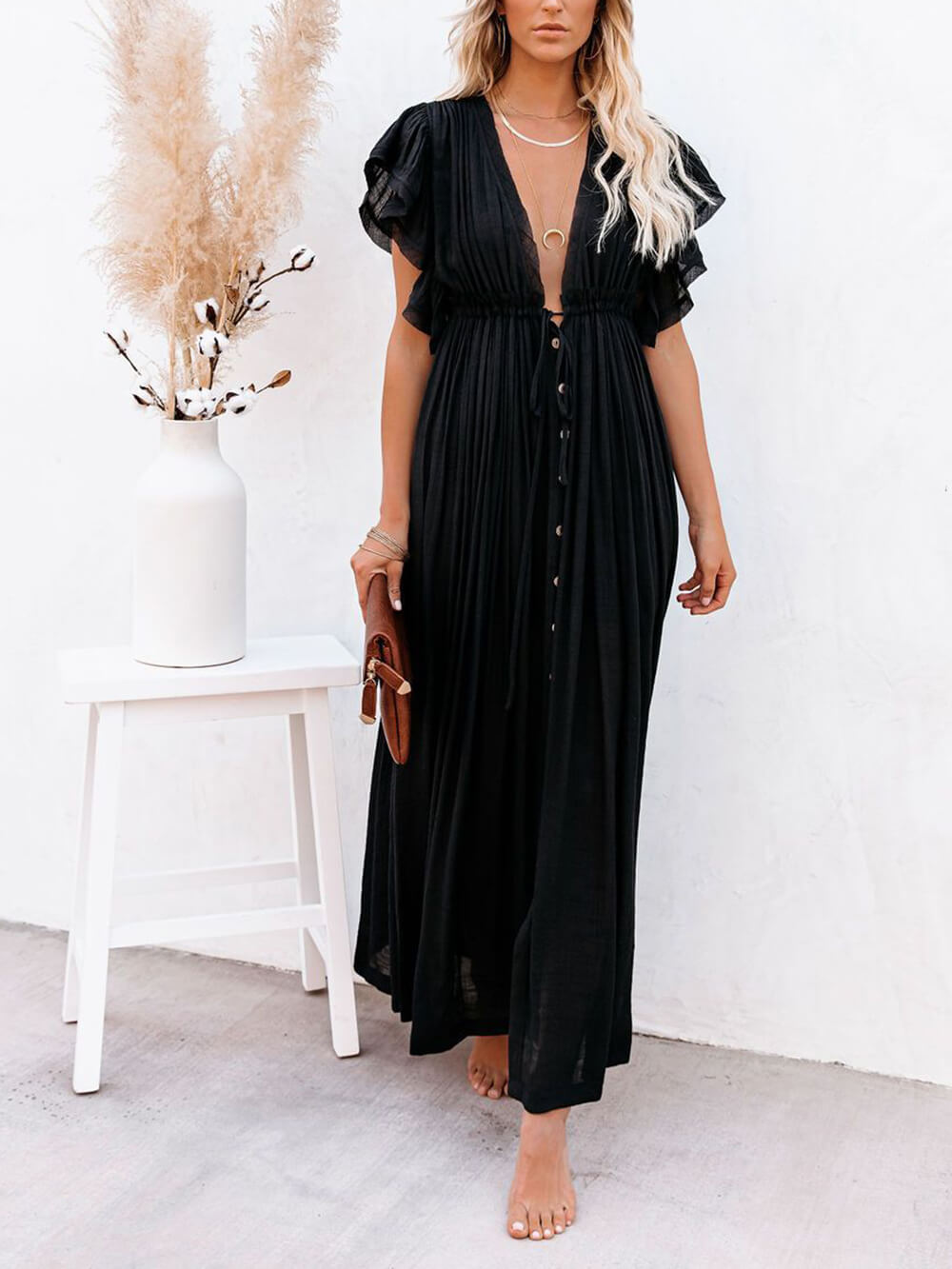 Knopf Baumwoll Leinen Perfektes Strand Boho Maxikleid