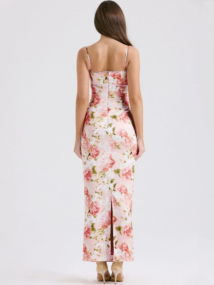 Pinkes Satin-Maxikleid mit Pfingstrosenmuster