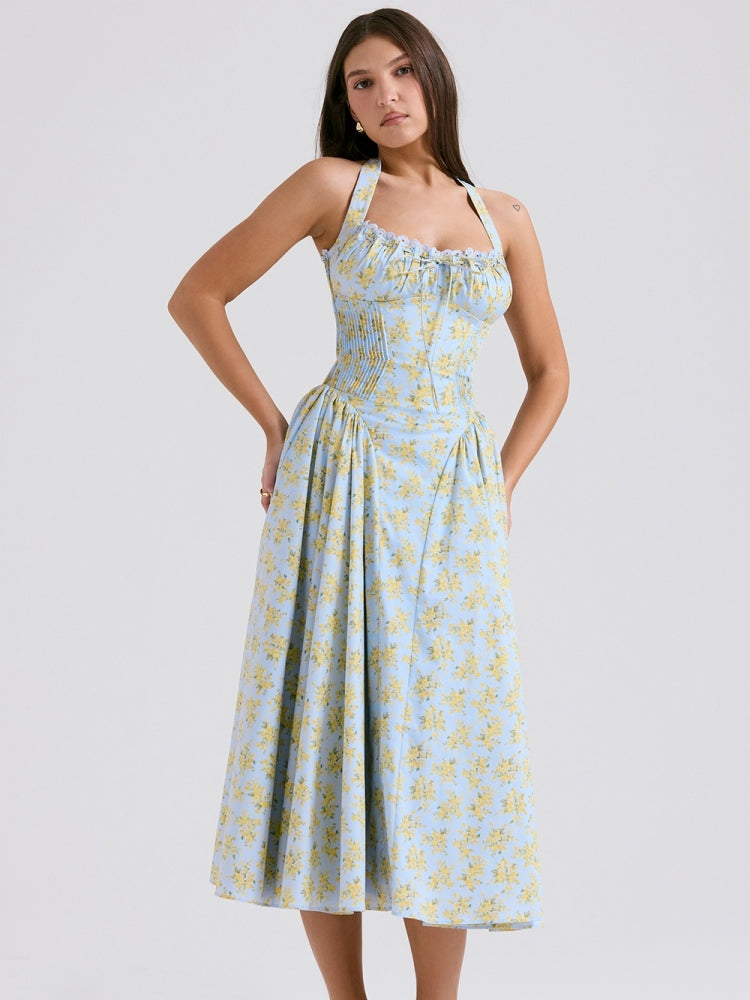 Weiches blaues rückenfreies Tanktop-Kleid mit Vintage-Blumenmuster