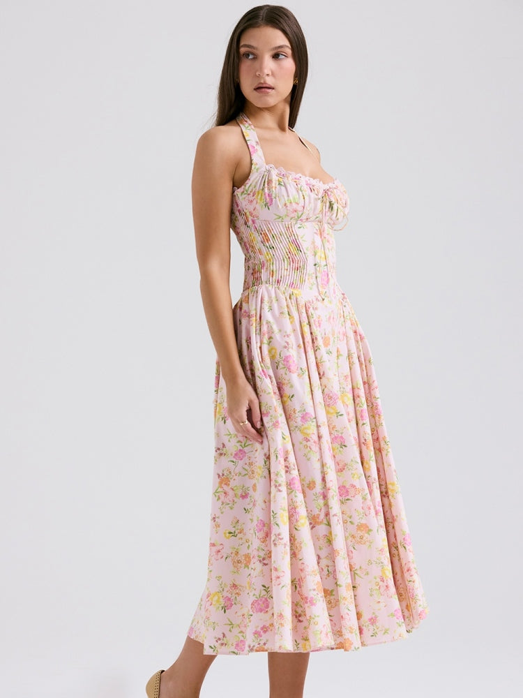 Rosa Wiesen-Print Rückenfreies Midi-Trägerkleid