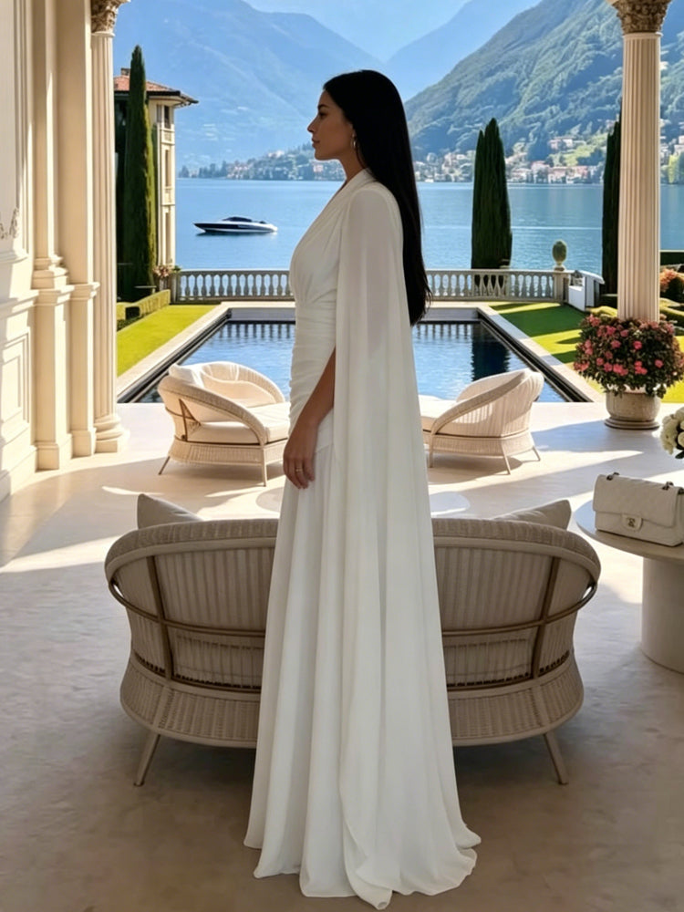 White Cape Sleeve Pleated Gown