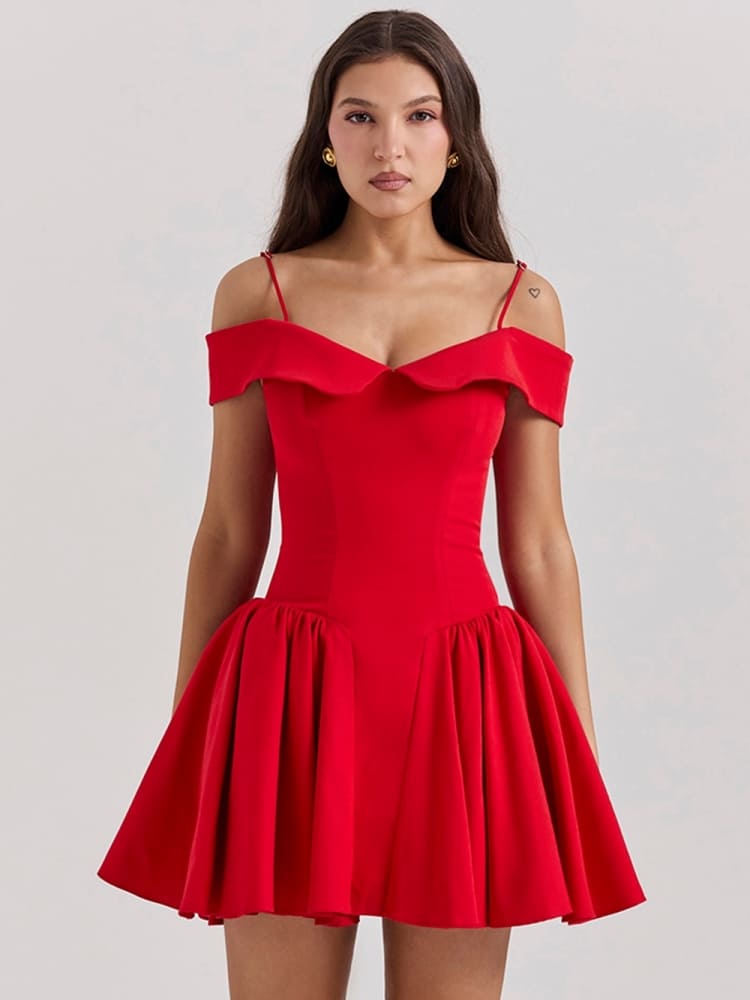 Scharlachrotes schulterfreies Mini-Kleid mit Spaghettiträgern