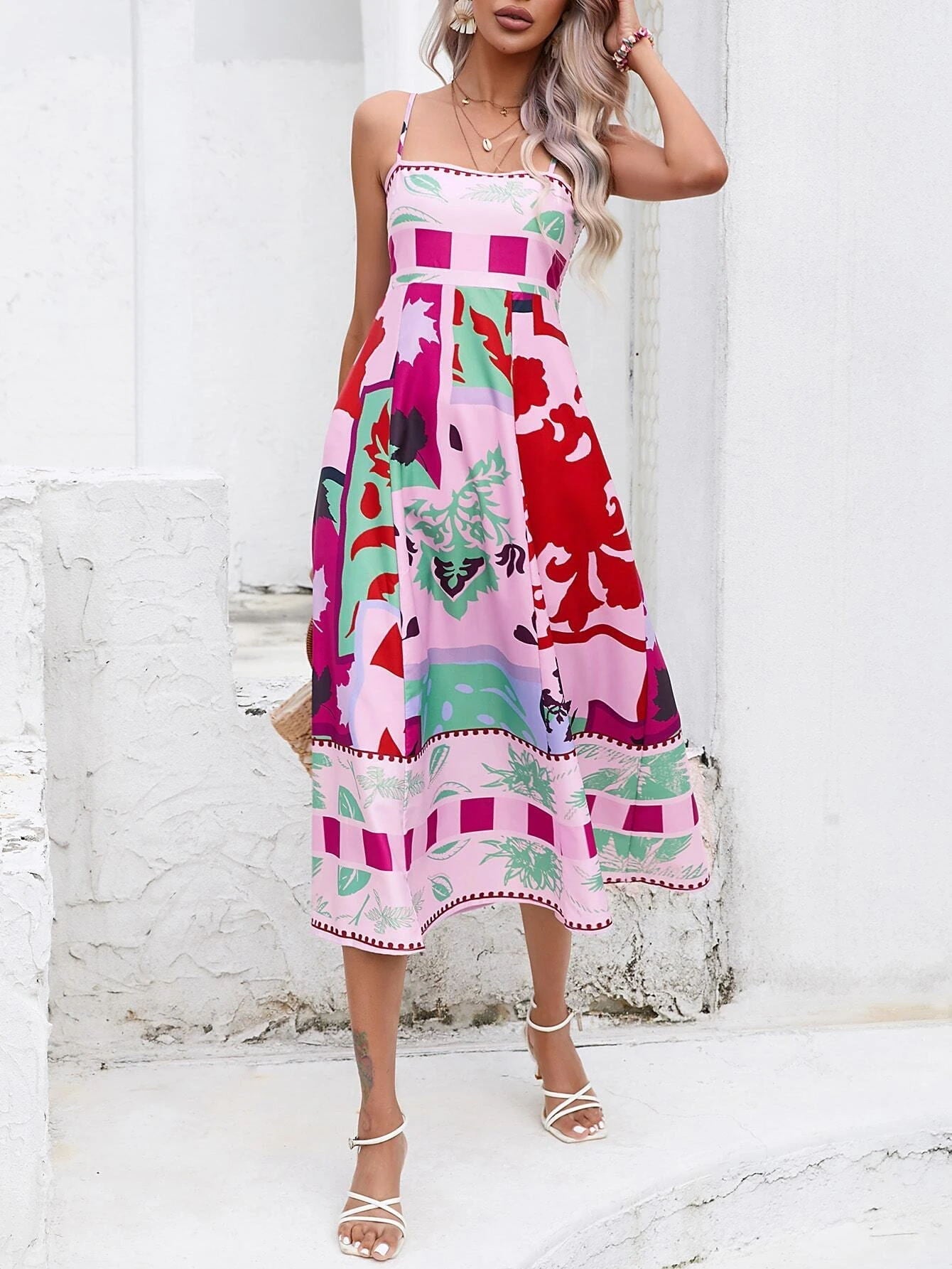 Patchwork-Slip-Maxikleid: Abstrakt bunt bedruckt