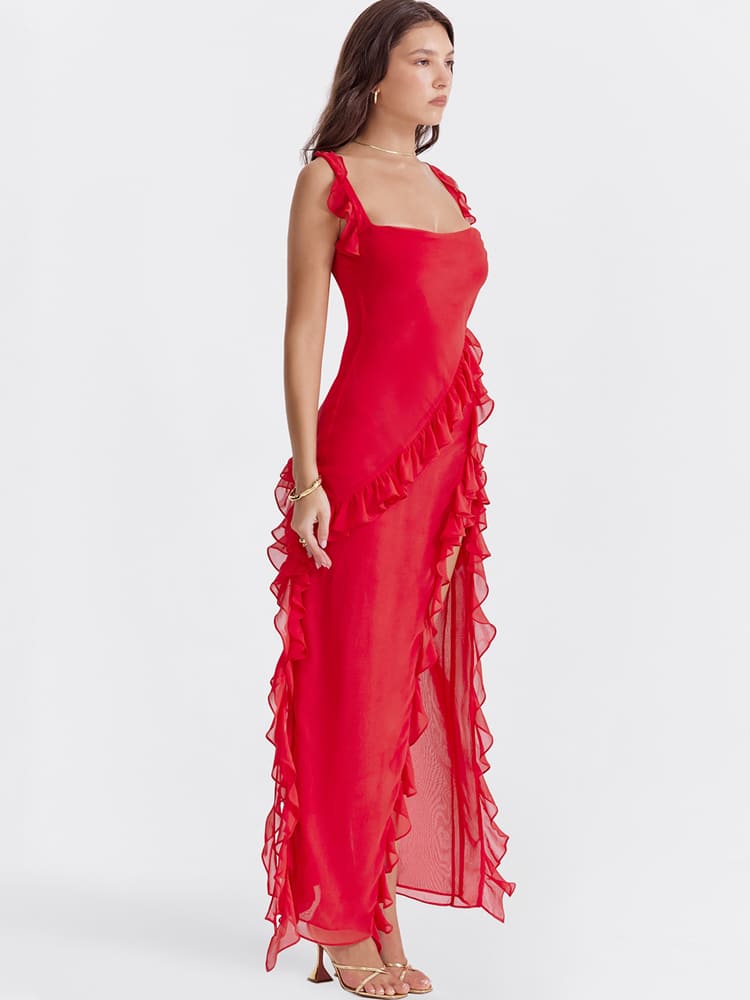 Rüschen-Maxi-Trägerkleid – Rot