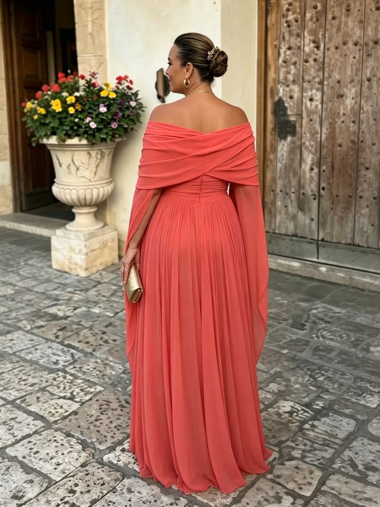 Off-Shoulder Chiffon Cape Sleeve Gown