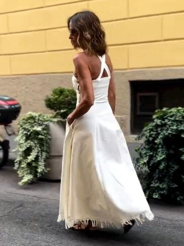Boho weißes Maxikleid mit Fransen und Taschen