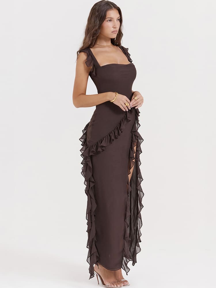 Gerüschtes langes Maxi-Slip-Kleid – Kaffee