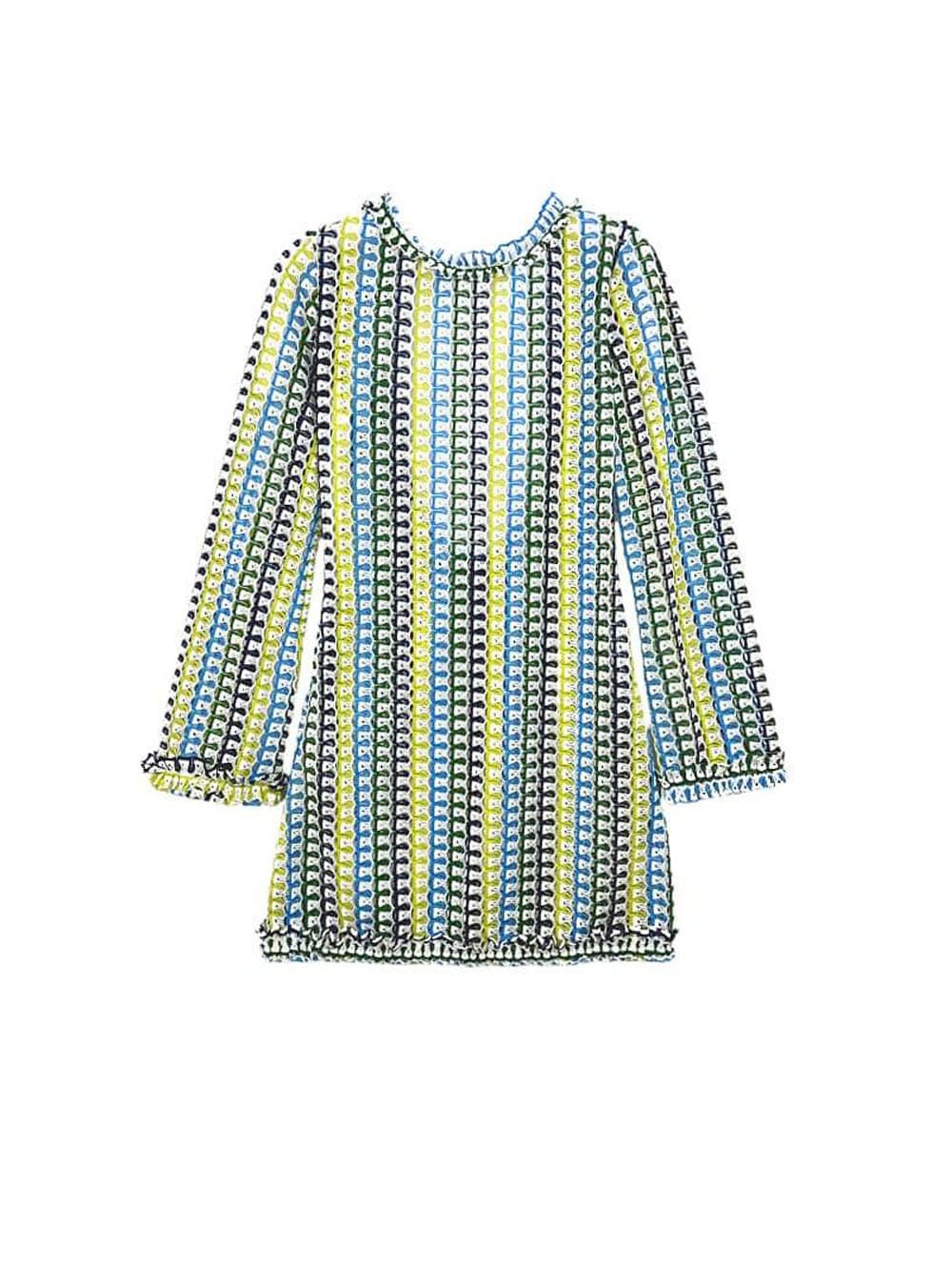 Rüschenfreies Häkel-Minikleid – Gelb & Blau