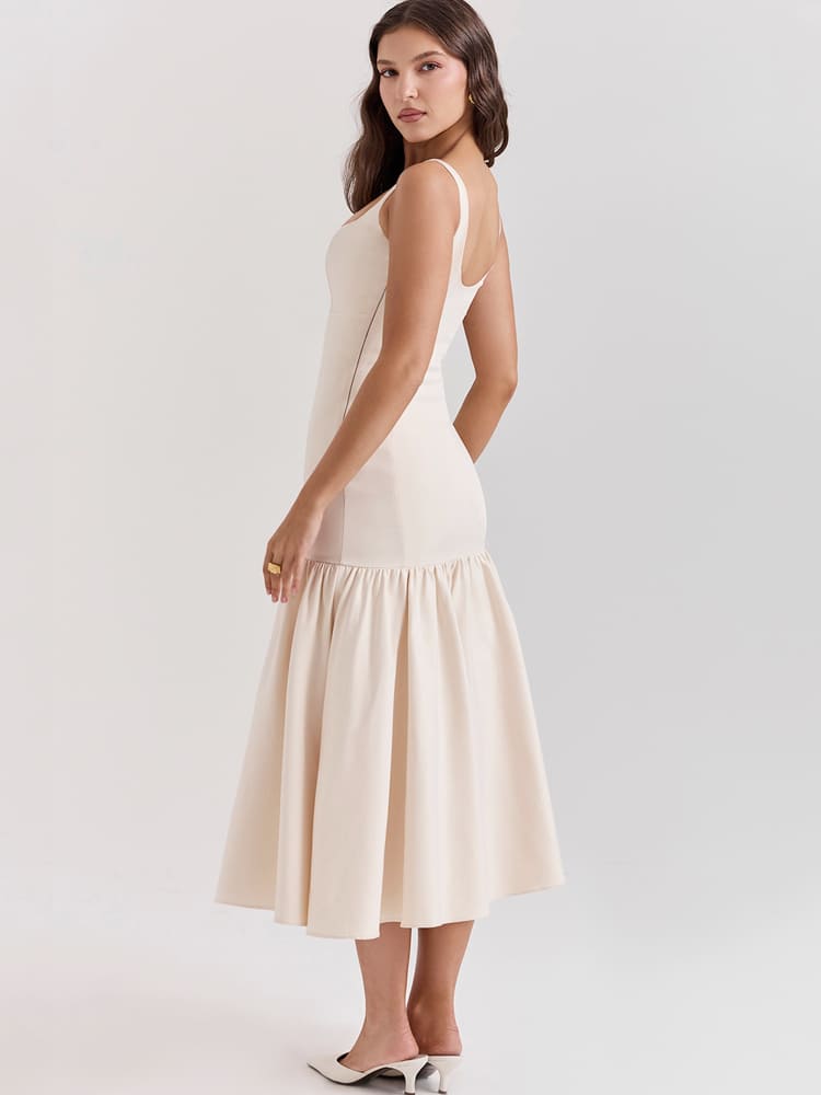 Vintage Midi-Kleid mit niedriger Taille – Creme Beige