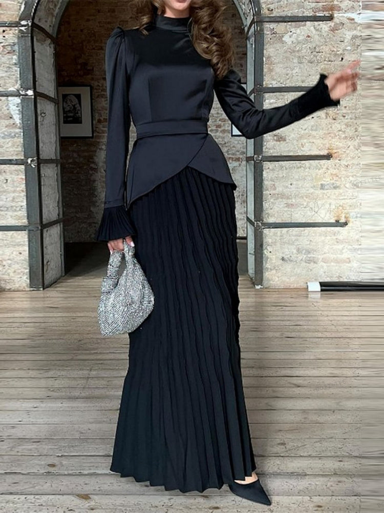 Color-Block-Splicing Slim-Fit Maxi-Kleid mit Schnürung und langen Ärmeln