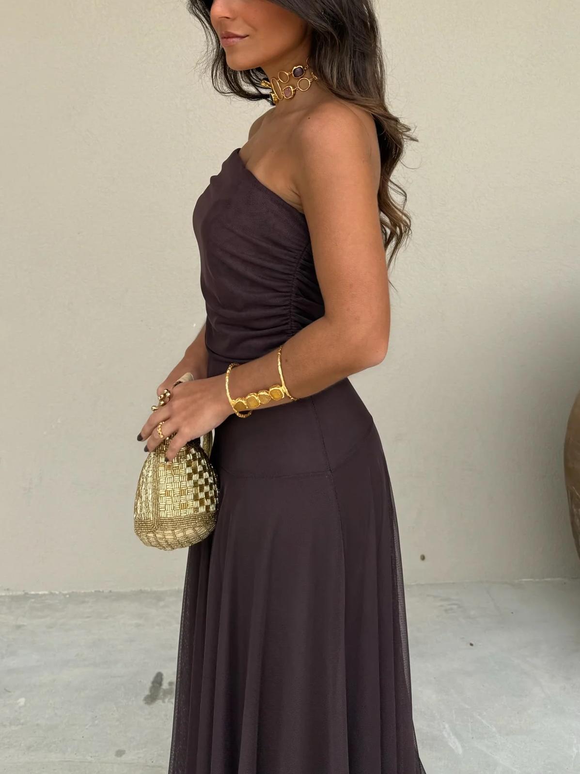 Toledo One Shoulder Mesh Maxikleid