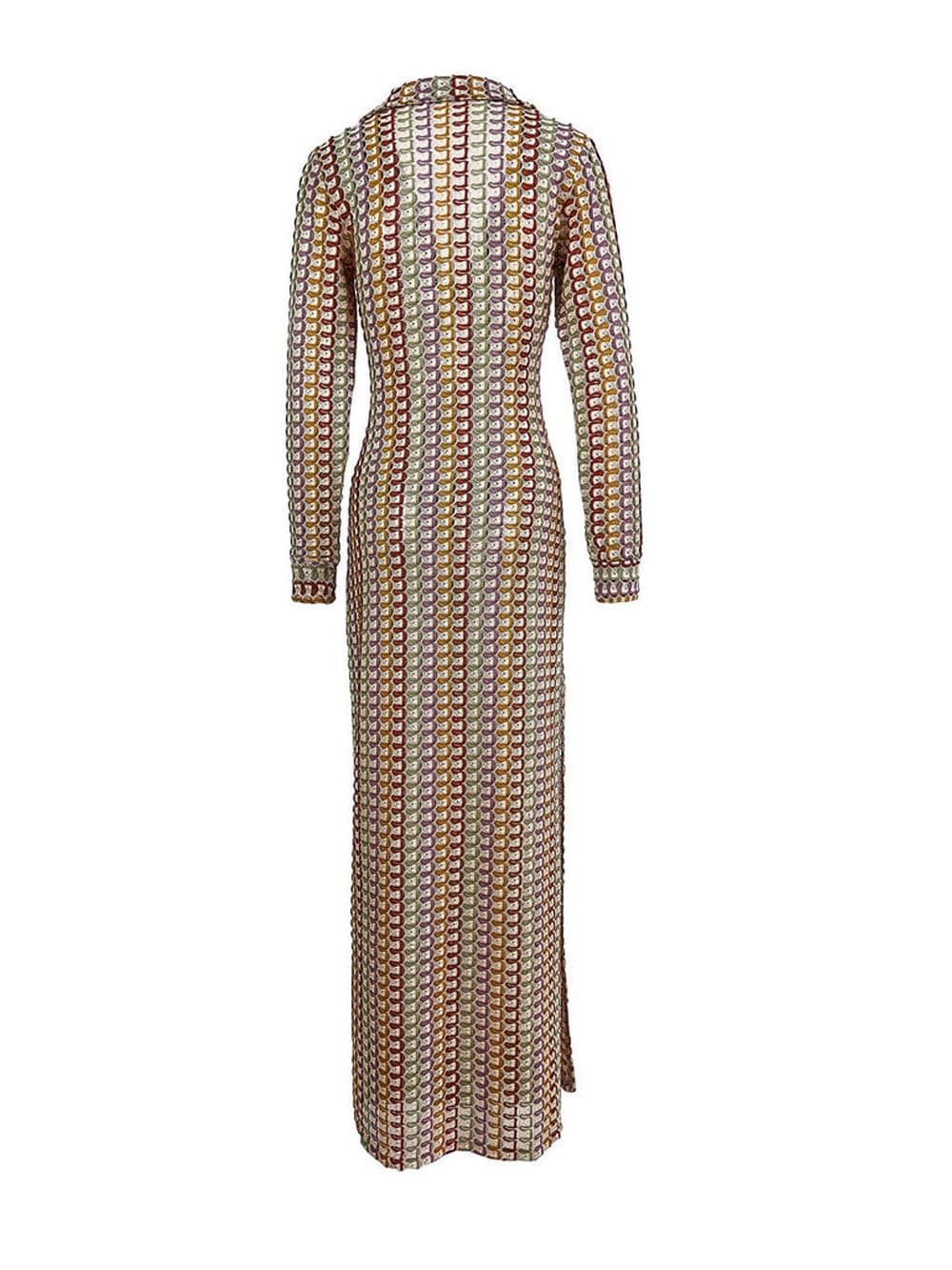 Boho Maxikleid mit V-Ausschnitt, Kragen, Seitenschlitz und Wellenstreifen-Häkelmuster – Braun