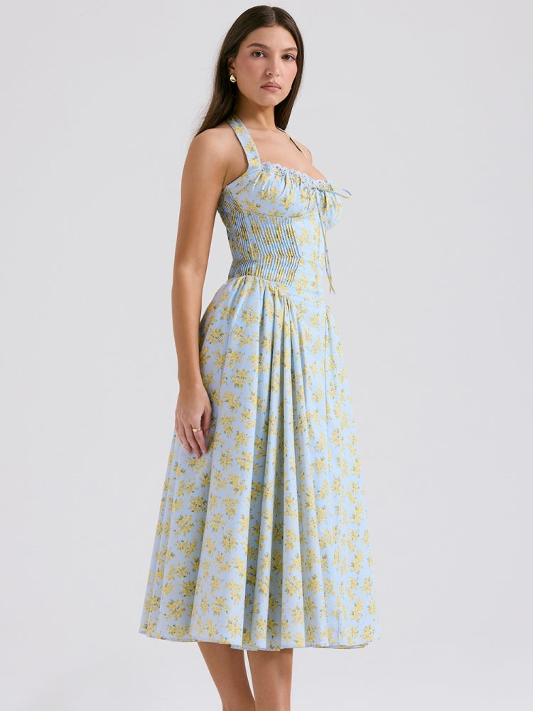 Weiches blaues rückenfreies Tanktop-Kleid mit Vintage-Blumenmuster