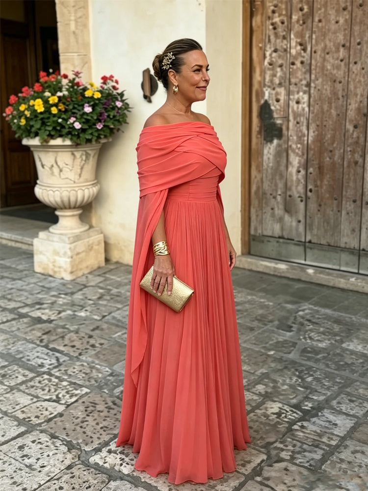 Off-Shoulder Chiffon Cape Sleeve Gown