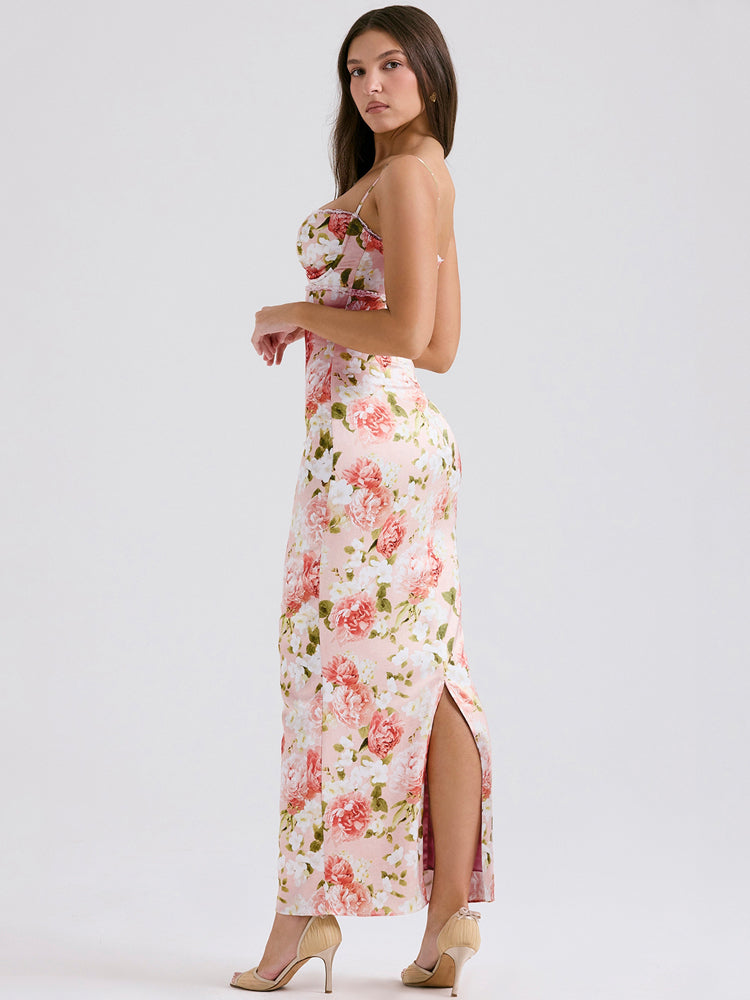 Pinkes Satin-Maxikleid mit Pfingstrosenmuster