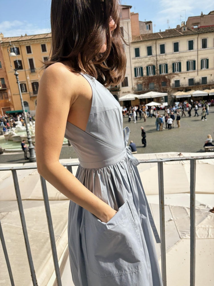 Light Gray Tie-Waist Midi Dress with Pockets