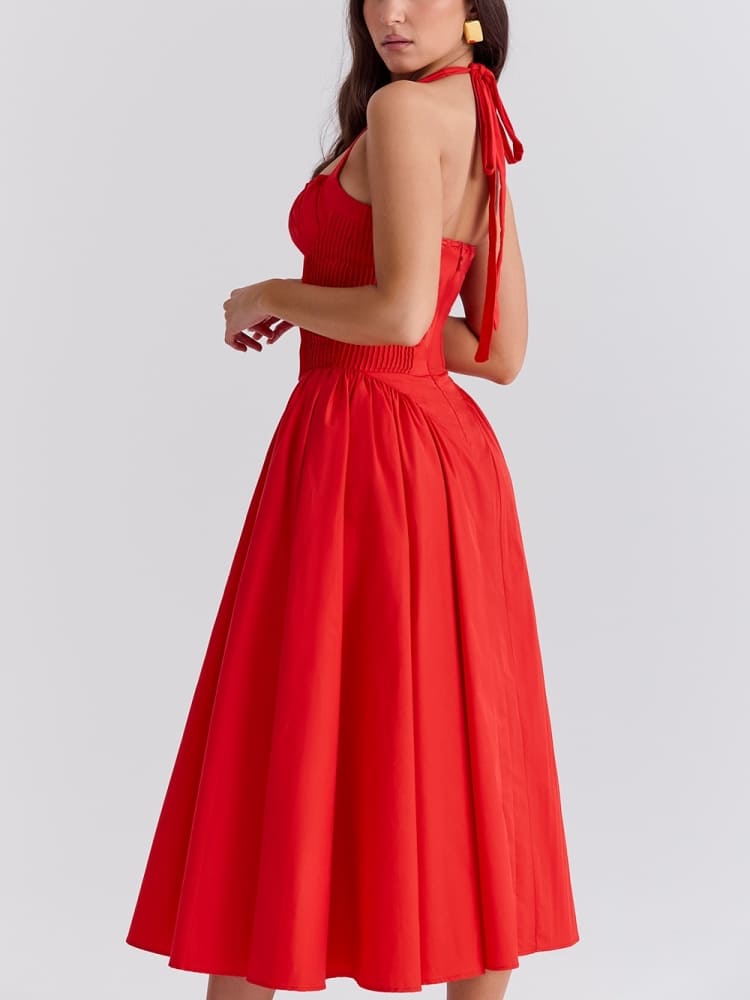 Rotes rückenfreies Neckholder-Midikleid