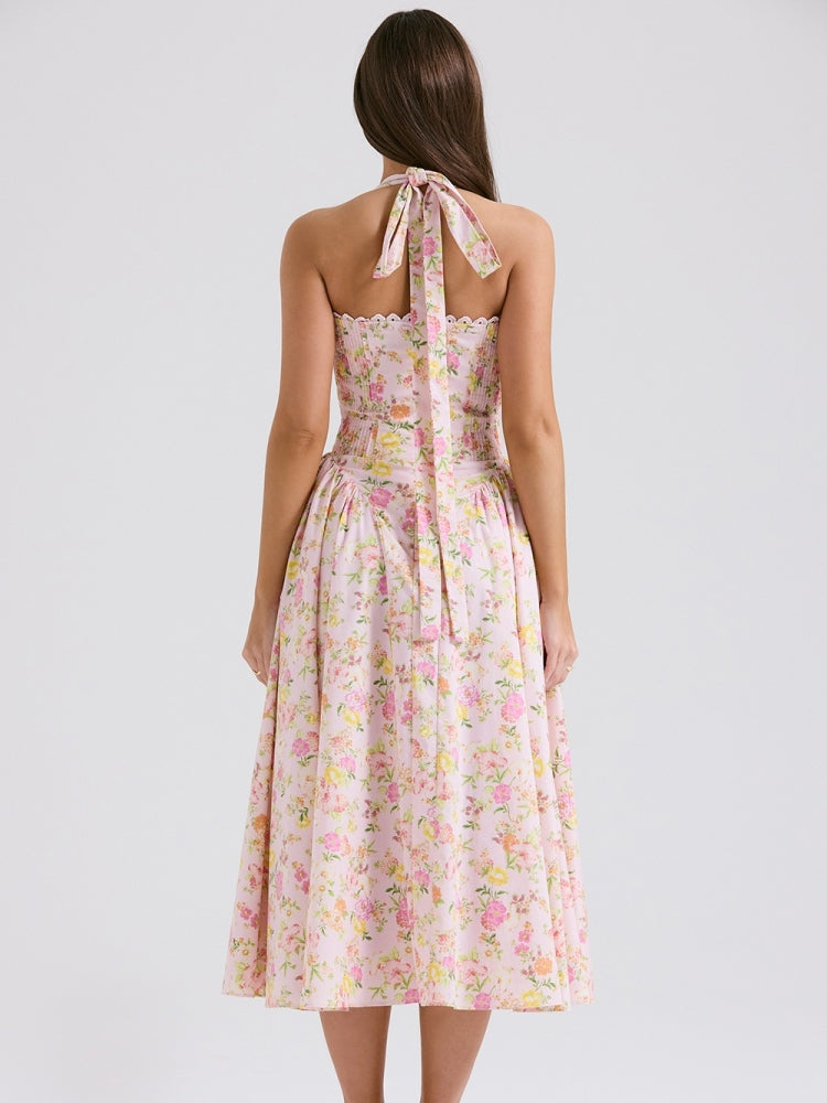 Rosa Wiesen-Print Rückenfreies Midi-Trägerkleid
