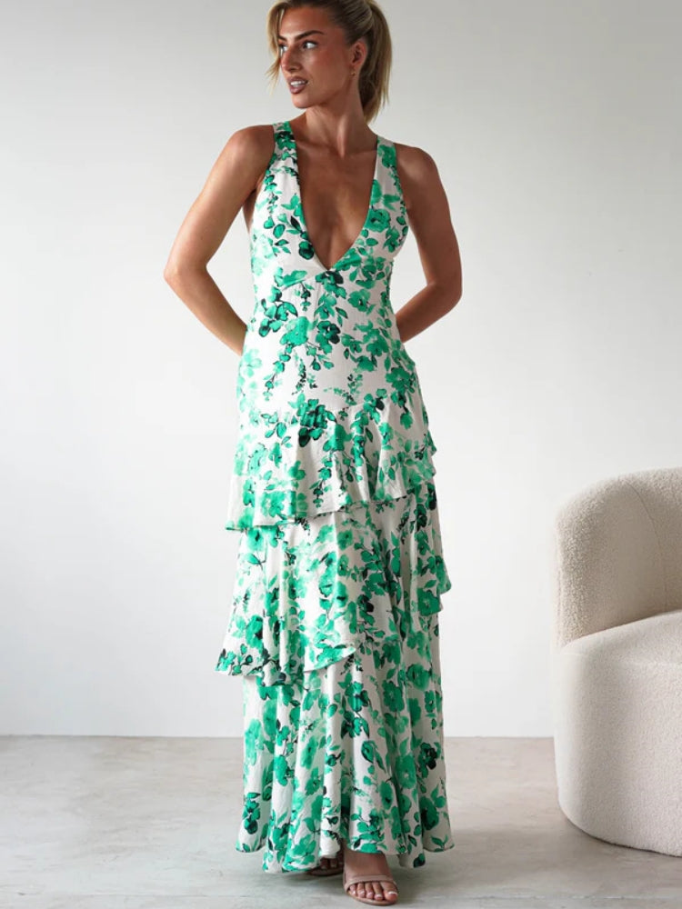 Geblümtes V-Ausschnitt Slip-Kleid