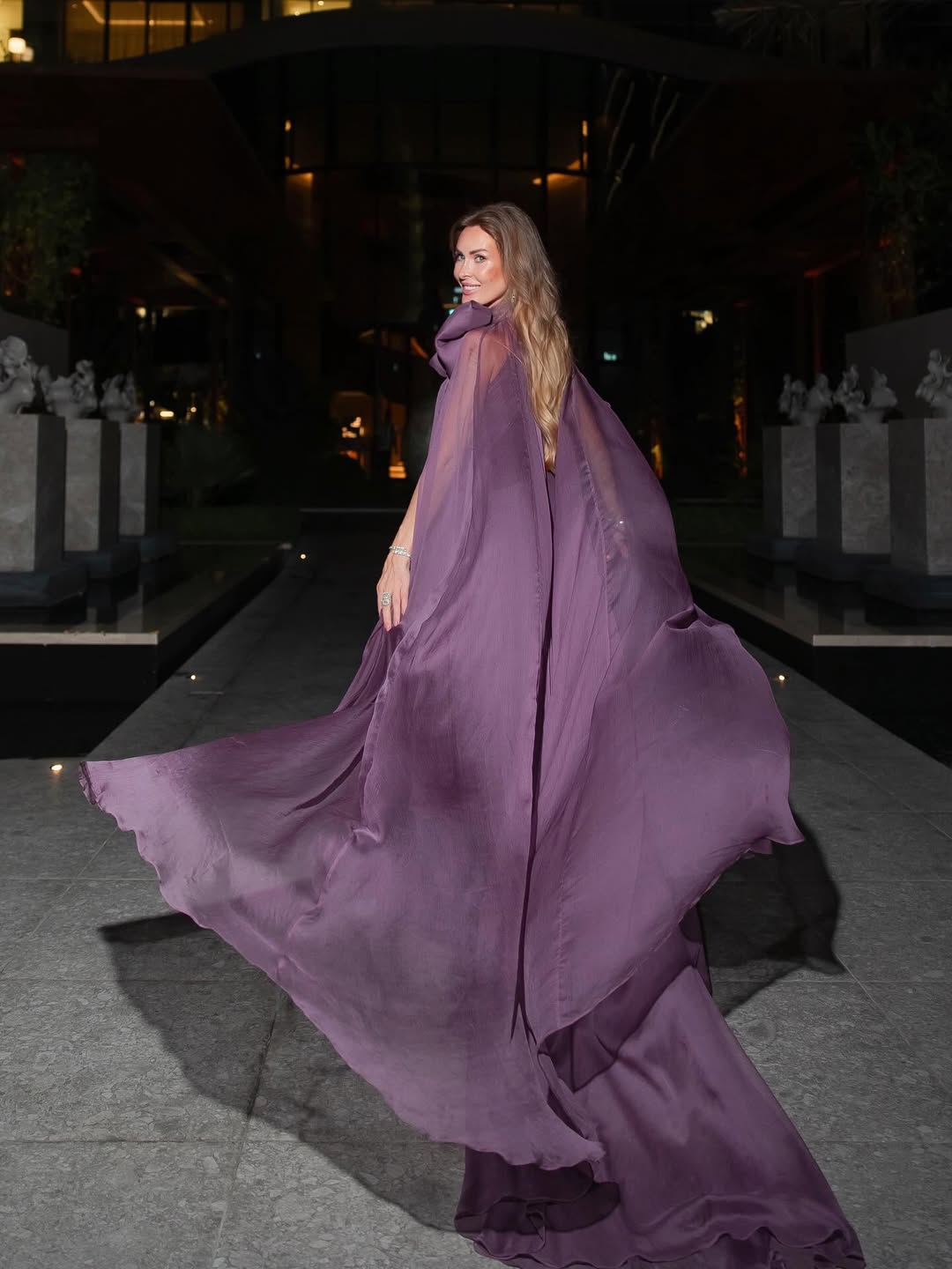 Mauve Chiffon Bow Cape Sleeve Pleated Maxi Gown