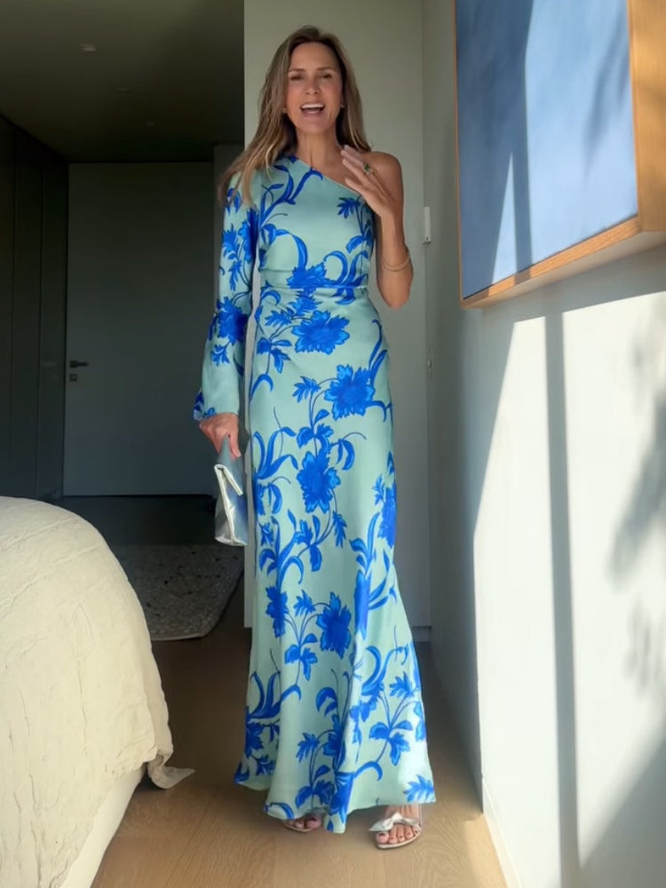 Asymmetrisches schulterfreies florales Maxikleid