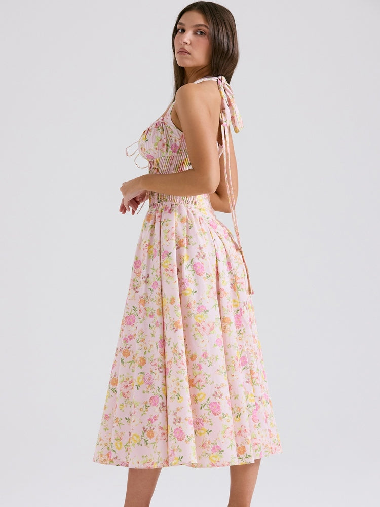 Rosa Wiesen-Print Rückenfreies Midi-Trägerkleid