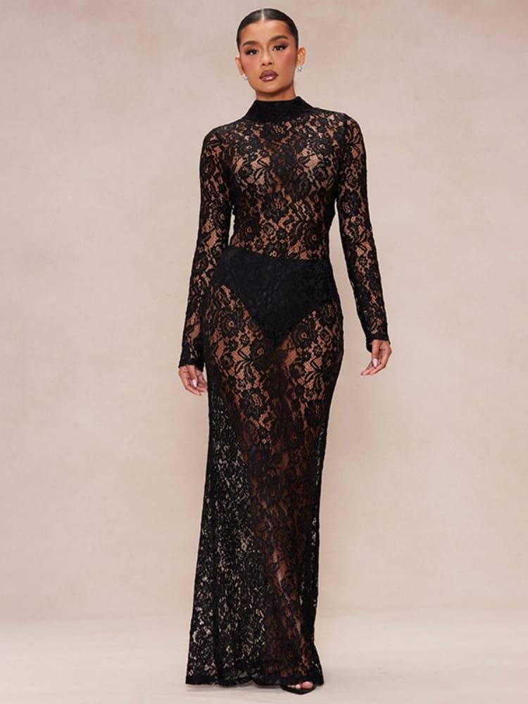 Durchsichtiges Spitzen-Rollkragenkleid