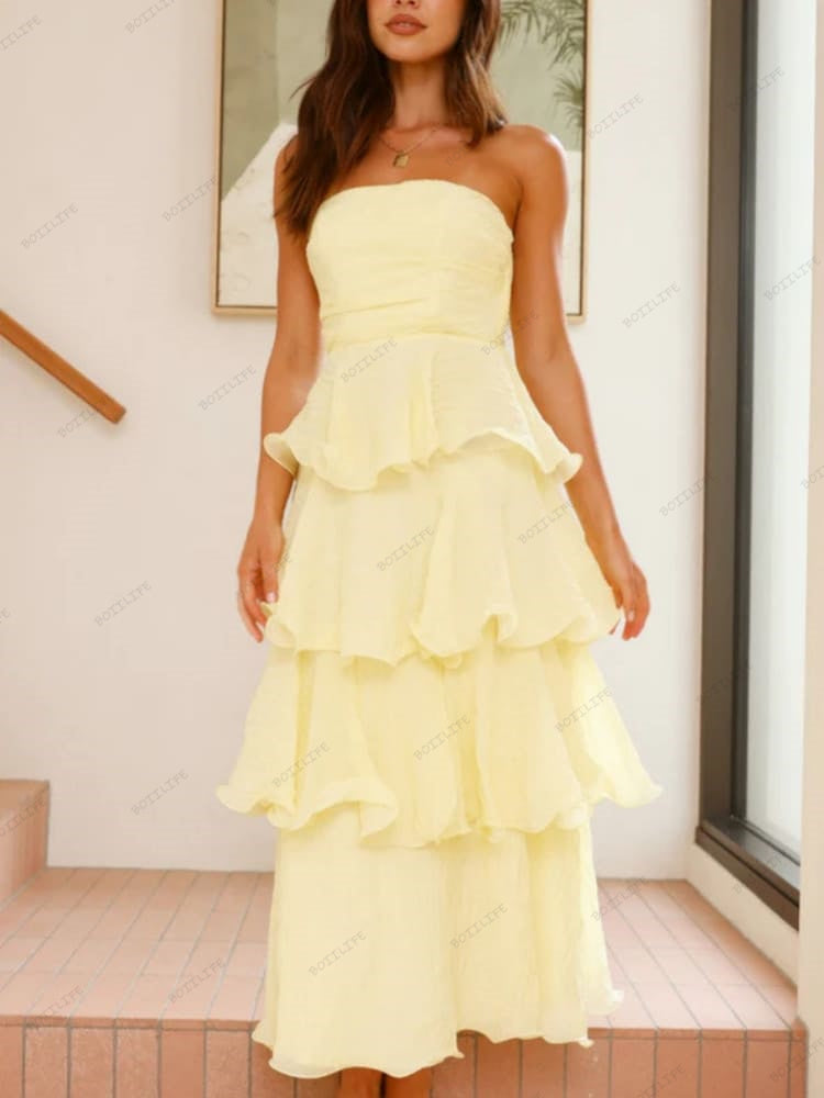 Elegantes, trägerloses, rückenfreies Midi-Kleid mit Stufenrock