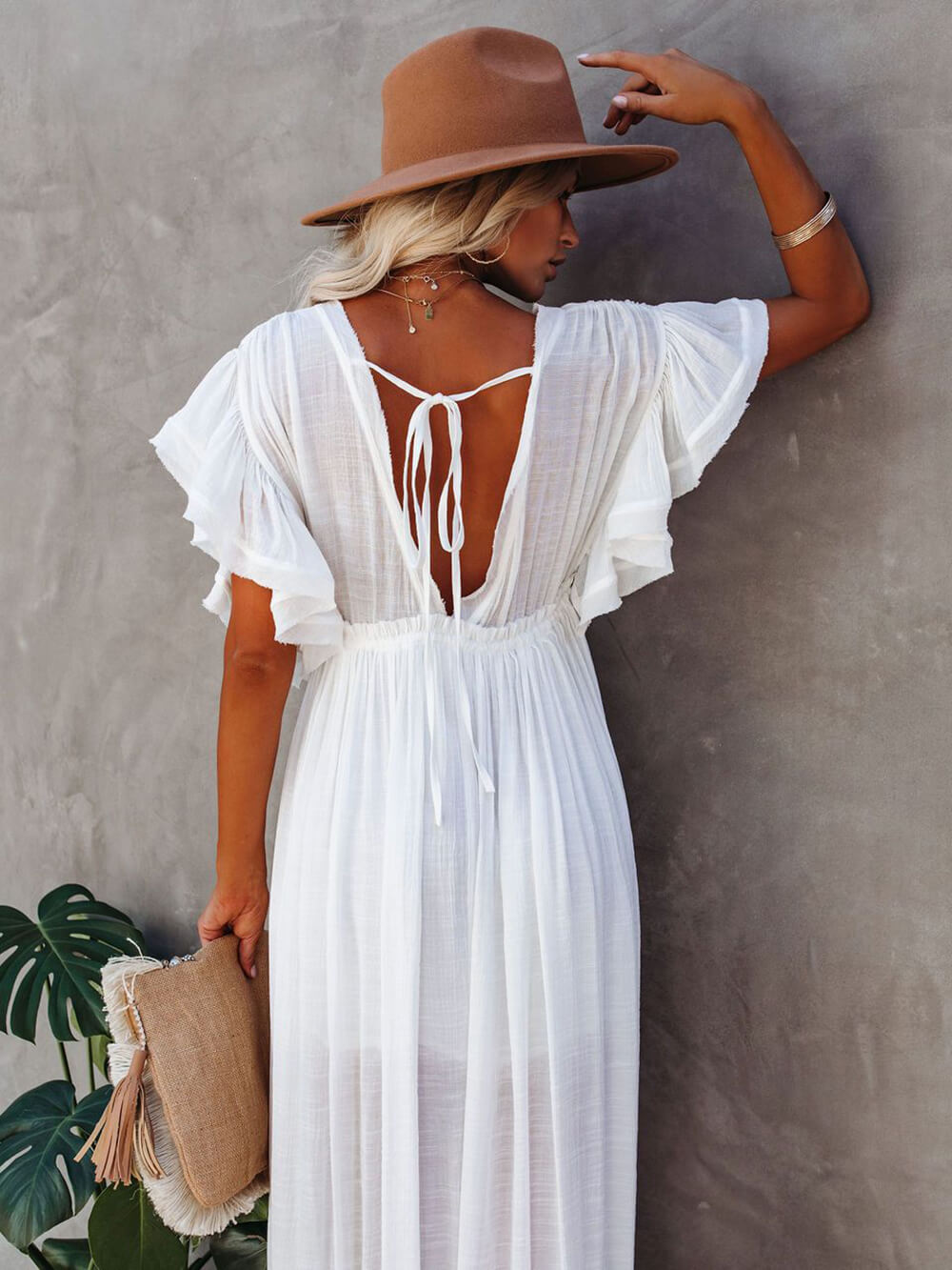 Knopf Baumwoll Leinen Perfektes Strand Boho Maxikleid