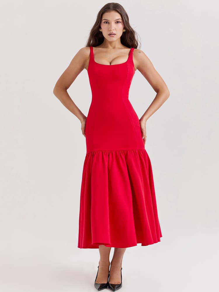 Sexy, eng anliegendes Midi-Kleid mit tiefem Bund – Scharlachrot