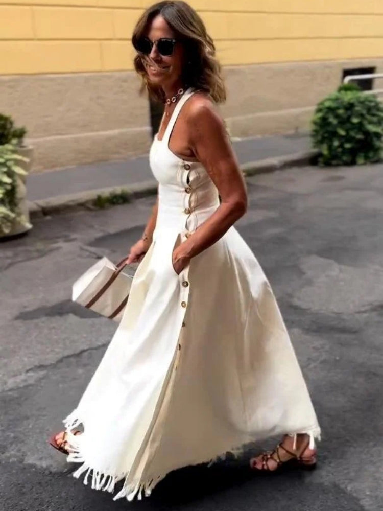 Boho weißes Maxikleid mit Fransen und Taschen
