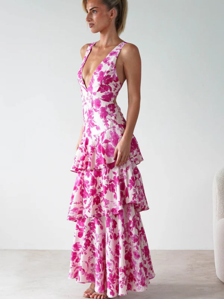 Geblümtes V-Ausschnitt Slip-Kleid
