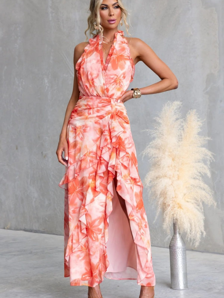 Geblümtes Neckholder-Kleid mit V-Rücken und Schlitz