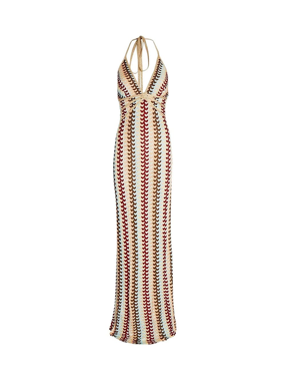 Trägerloser V-Ausschnitt, rückenfreies, gestricktes Maxi-Boho-Kleid mit Muster, figurbetont, für den Urlaub – Beige