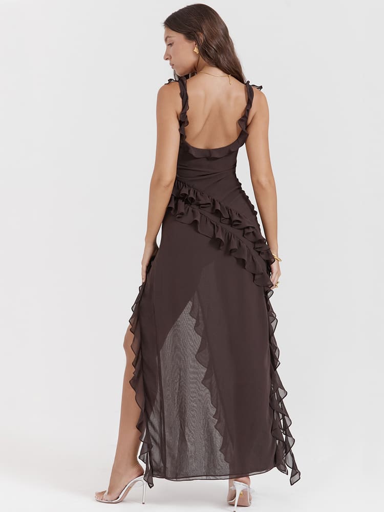 Gerüschtes langes Maxi-Slip-Kleid – Kaffee