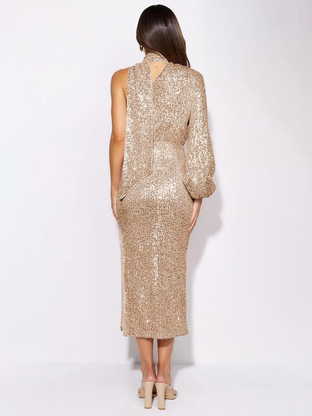 Pailletten-Neckholder-Midikleid mit asymmetrischem Saum
