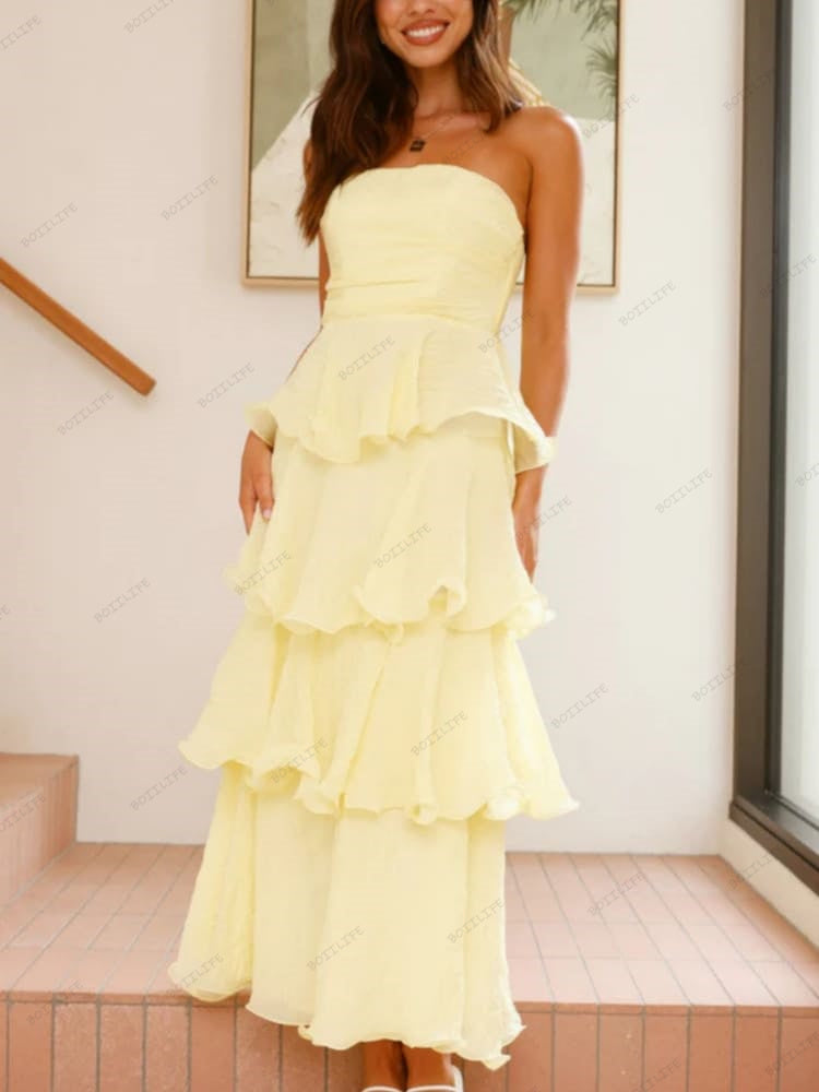 Elegantes, trägerloses, rückenfreies Midi-Kleid mit Stufenrock