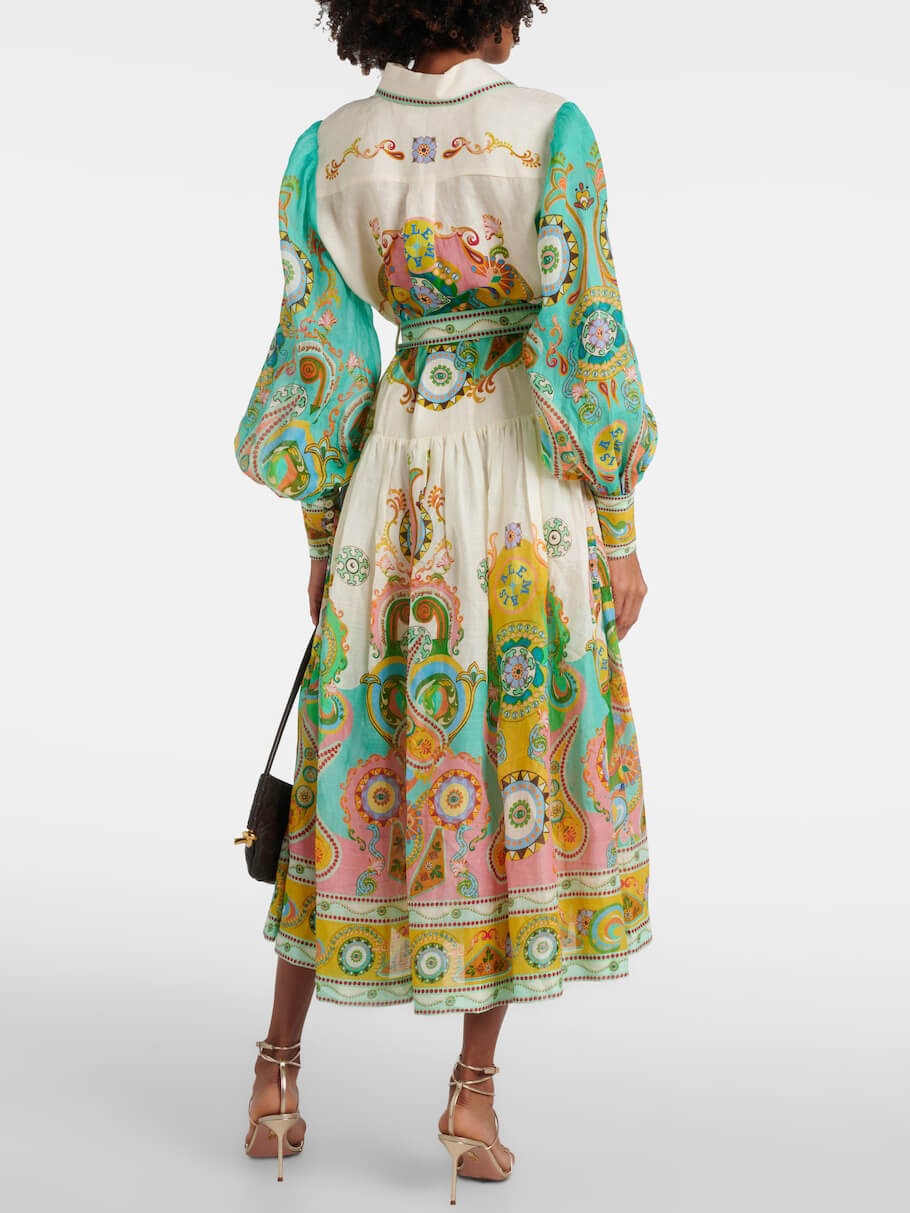 Einzigartiges, exquisites Mode-Print Midikleid mit Puffärmeln zum Binden