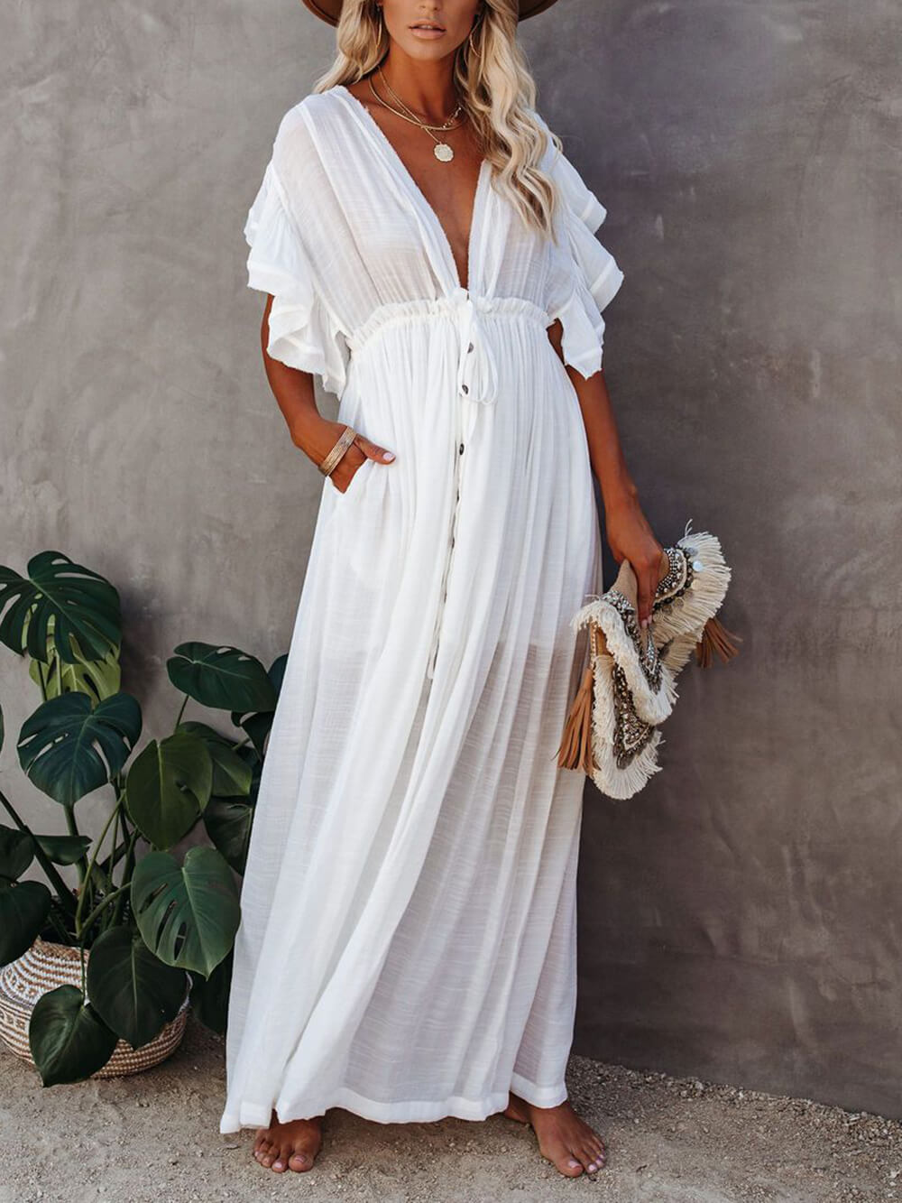 Knopf Baumwoll Leinen Perfektes Strand Boho Maxikleid