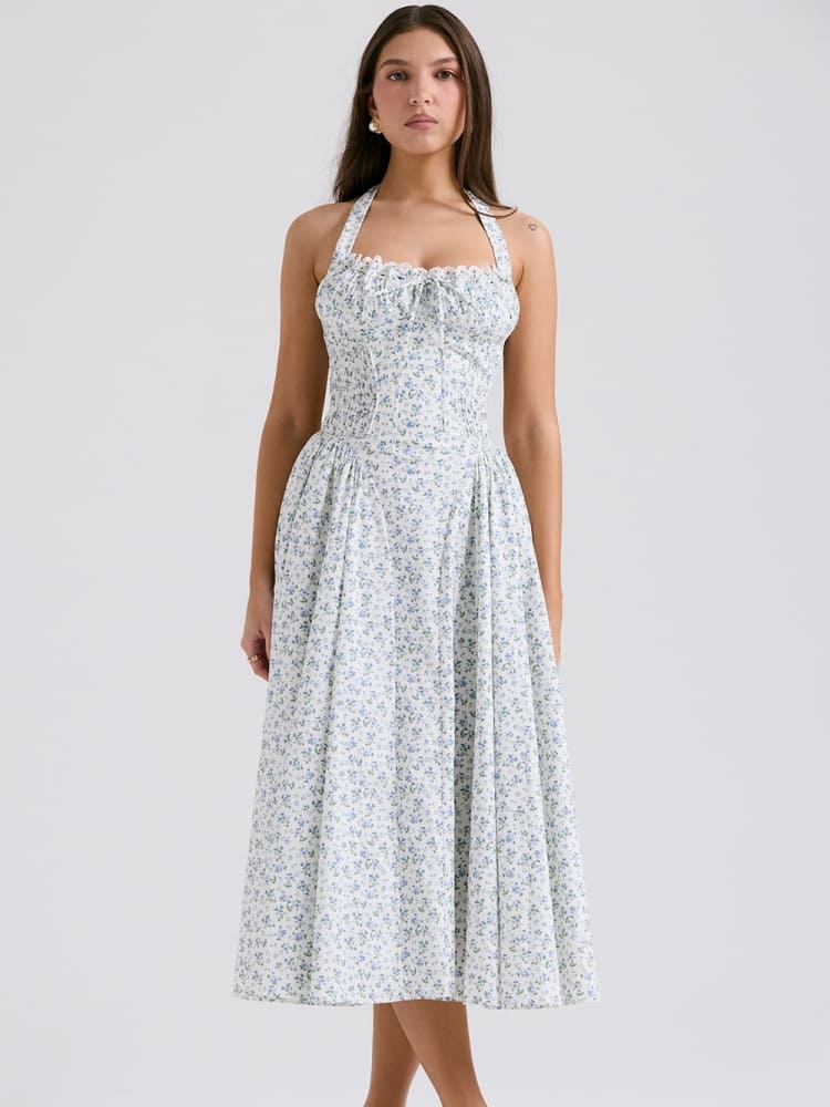 Weißes Neckholder-Kleid mit Rückenausschnitt und Glockenblumenmuster