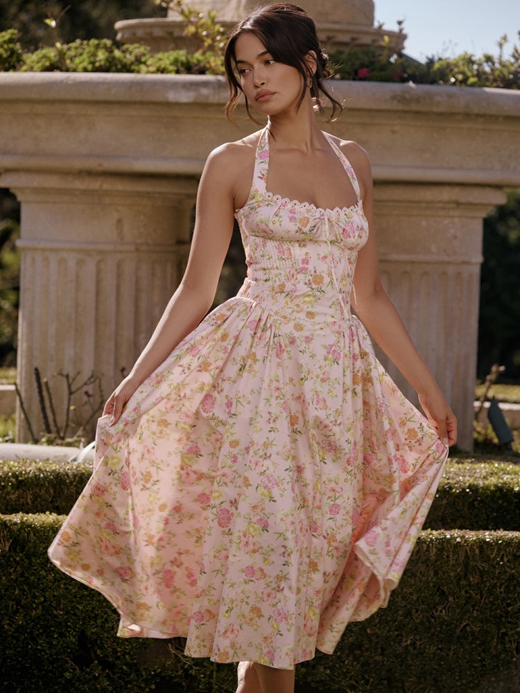 Rosa Wiesen-Print Rückenfreies Midi-Trägerkleid