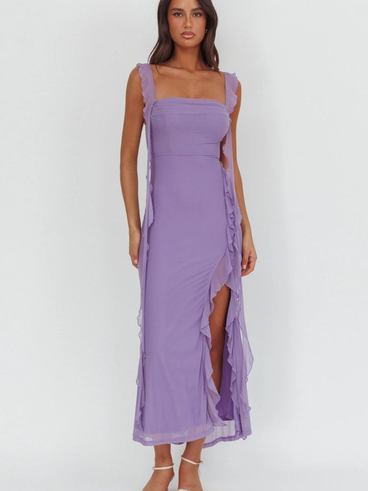 Schmales ärmelloses Sommer-Midikleid mit Schlitz