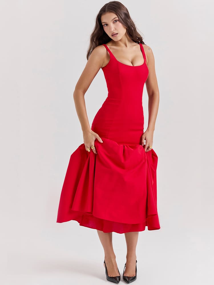 Sexy, eng anliegendes Midi-Kleid mit tiefem Bund – Scharlachrot