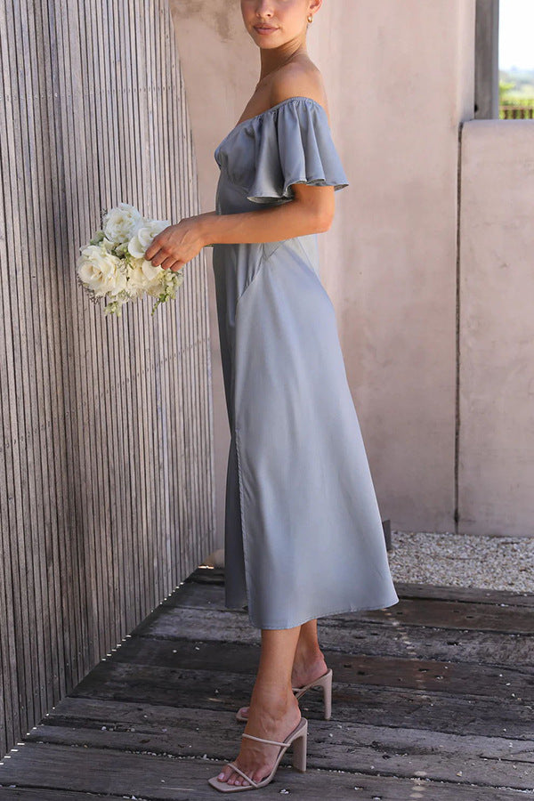 Midi-Kleid mit Seitenschlitz: Carmen-Ausschnitt, Volantärmel