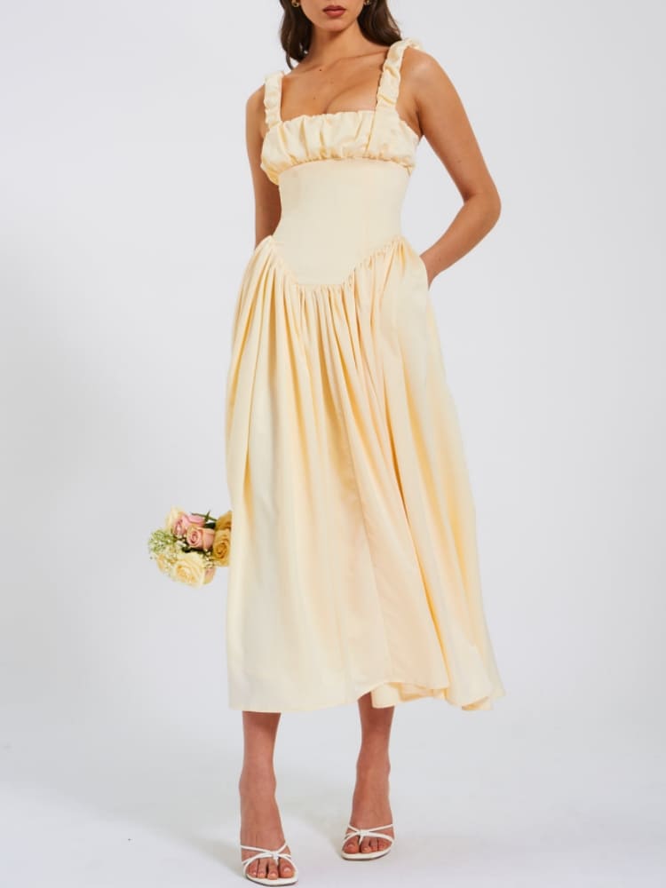 Noreen plissiertes Träger-Maxikleid mit Puffärmeln