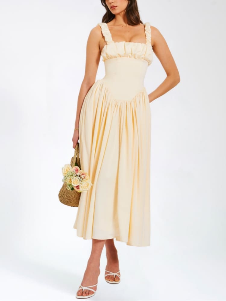 Noreen plissiertes Träger-Maxikleid mit Puffärmeln