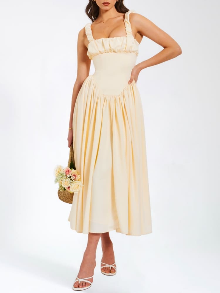 Noreen plissiertes Träger-Maxikleid mit Puffärmeln