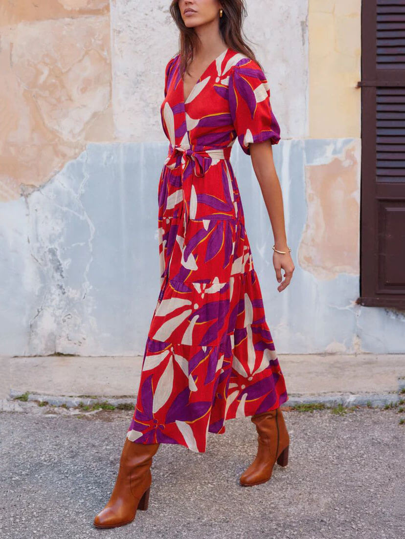 V-Ausschnitt Maxikleid mit Puffärmeln und Schlitz im Print-Design